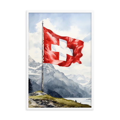 Schweizer Flagge und Berge im Hintergrund - Epische Stimmung - Malerei - Premium Poster mit Rahmen berge xxx 61 x 91.4 cm
