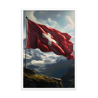 Schweizer Flagge und Berge im Hintergrund - Fotorealistische Malerei - Premium Poster mit Rahmen berge xxx 61 x 91.4 cm