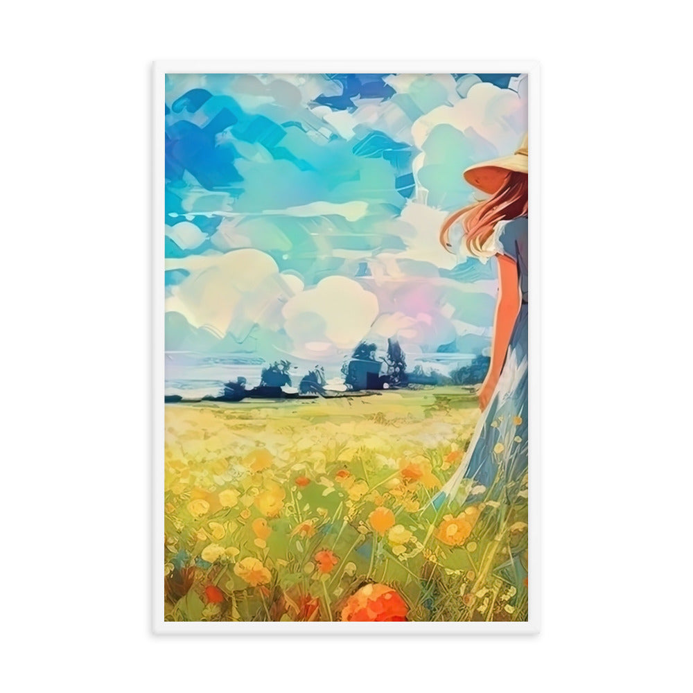 Dame mit Hut im Feld mit Blumen - Landschaftsmalerei - Premium Poster mit Rahmen camping xxx Weiß 61 x 91.4 cm