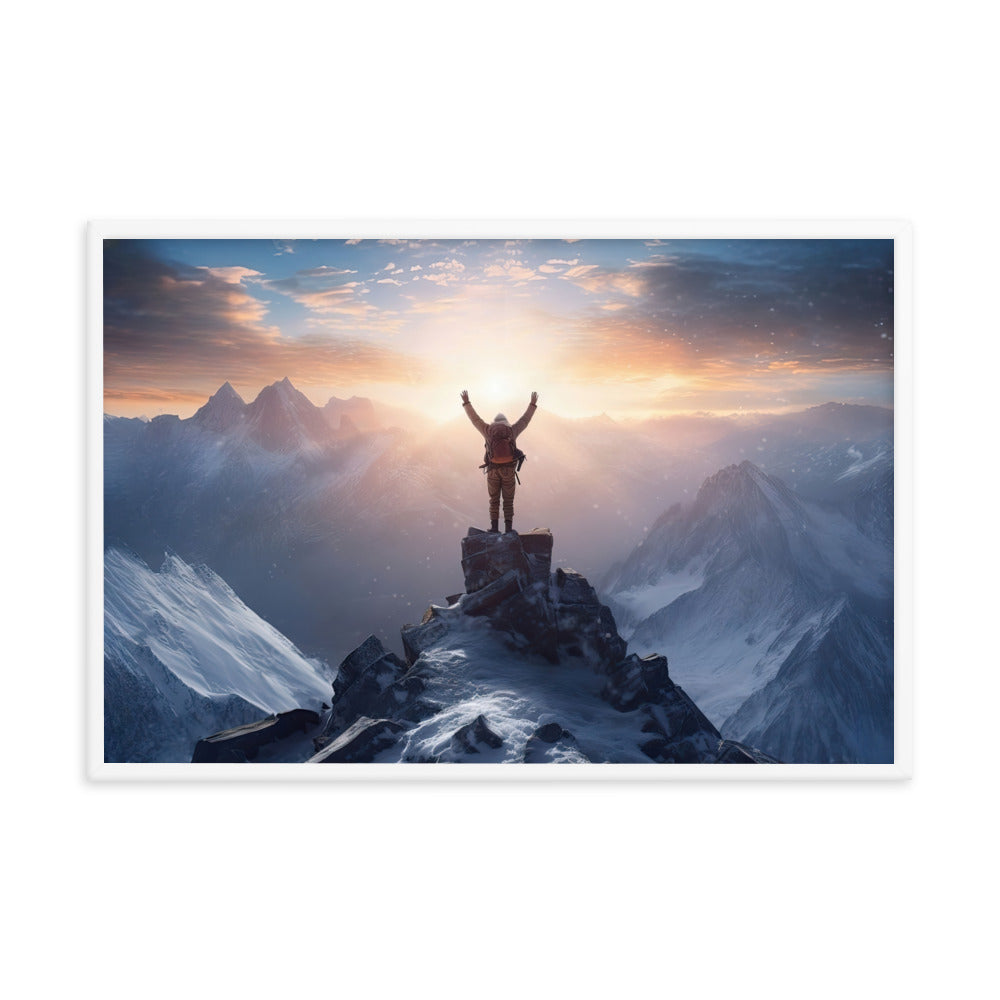 Mann auf der Spitze eines Berges - Landschaftsmalerei - Premium Poster mit Rahmen berge xxx Weiß 61 x 91.4 cm