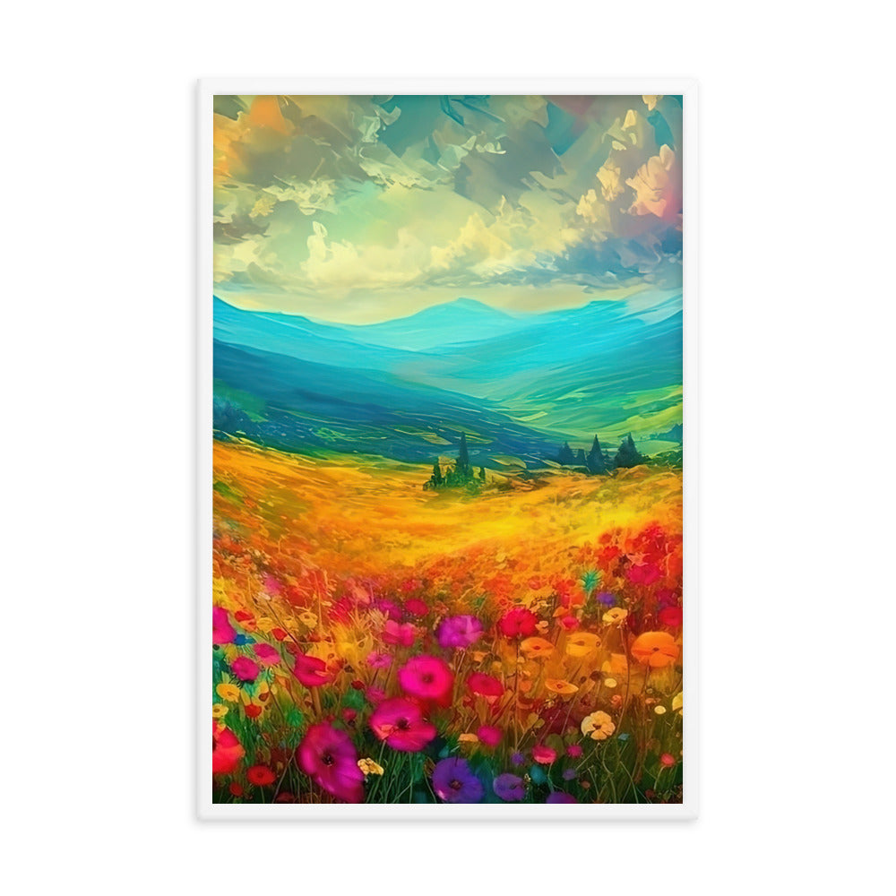 Berglandschaft und schöne farbige Blumen - Malerei - Premium Poster mit Rahmen berge xxx 61 x 91.4 cm