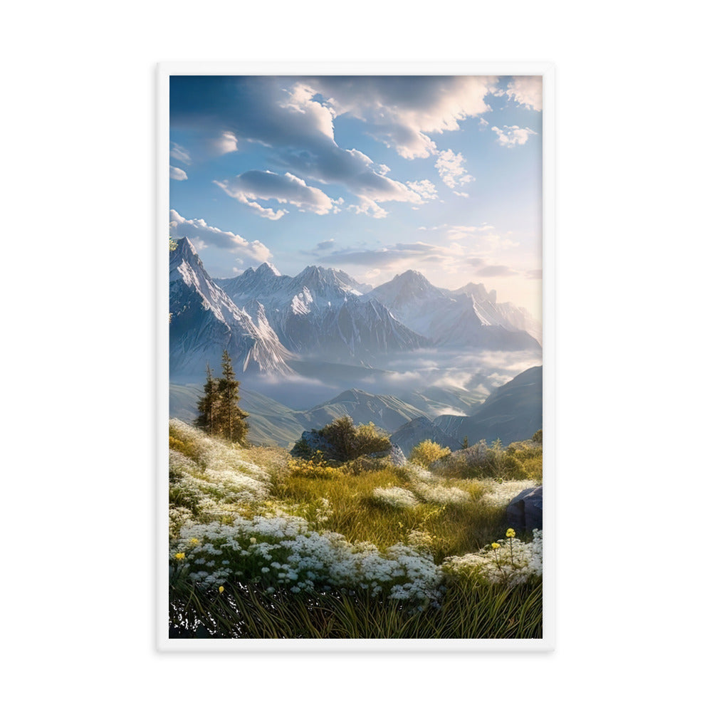 Berglandschaft mit Sonnenschein, Blumen und Bäumen - Malerei - Premium Poster mit Rahmen berge xxx 61 x 91.4 cm