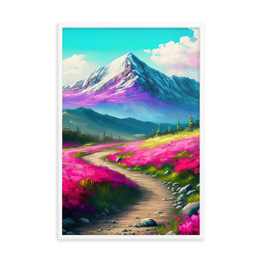 Berg, pinke Blumen und Wanderweg - Landschaftsmalerei - Premium Poster mit Rahmen berge xxx Weiß 61 x 91.4 cm