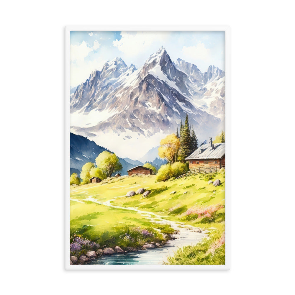 Epische Berge und Berghütte - Landschaftsmalerei - Premium Poster mit Rahmen berge xxx 61 x 91.4 cm
