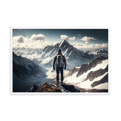 Wanderer auf Berg von hinten - Malerei - Premium Poster mit Rahmen berge xxx 61 x 91.4 cm