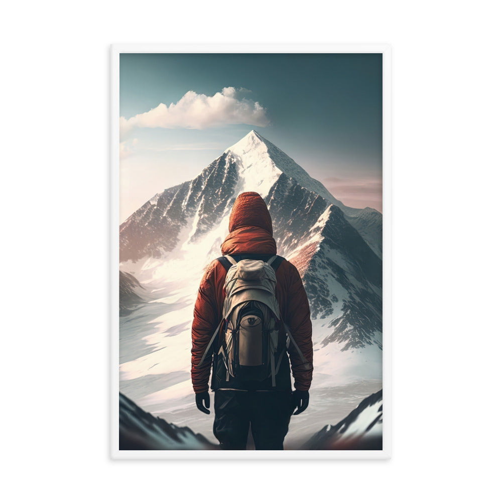 Wanderer von hinten vor einem Berg - Malerei - Premium Poster mit Rahmen berge xxx 61 x 91.4 cm