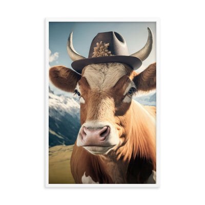Kuh mit Hut in den Alpen - Berge im Hintergrund - Landschaftsmalerei - Premium Poster mit Rahmen berge xxx 61 x 91.4 cm