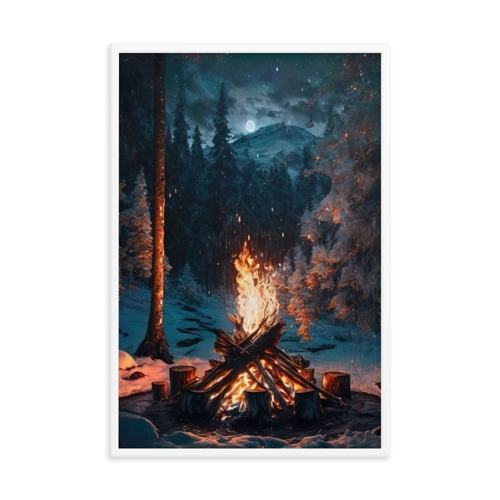 Lagerfeuer beim Camping - Wald mit Schneebedeckten Bäumen - Malerei - Premium Poster mit Rahmen camping xxx 61 x 91.4 cm