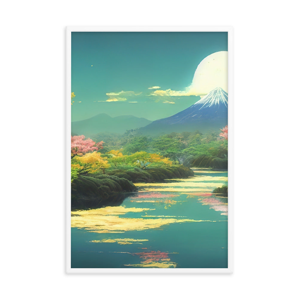 Berg, See und Wald mit pinken Bäumen - Landschaftsmalerei - Premium Poster mit Rahmen berge xxx 61 x 91.4 cm