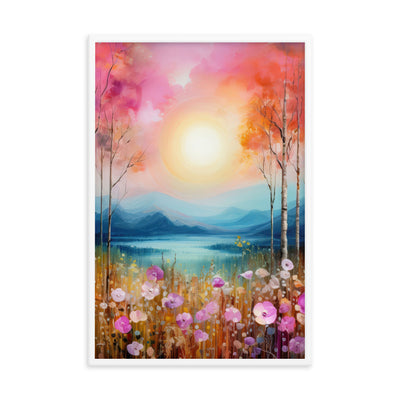 Berge, See, pinke Bäume und Blumen - Malerei - Premium Poster mit Rahmen berge xxx 61 x 91.4 cm