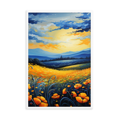 Berglandschaft mit schönen gelben Blumen - Landschaftsmalerei - Premium Poster mit Rahmen berge xxx 61 x 91.4 cm