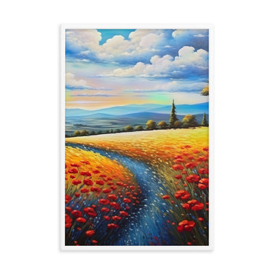 Feld mit roten Blumen und Berglandschaft - Landschaftsmalerei - Premium Poster mit Rahmen berge xxx 61 x 91.4 cm