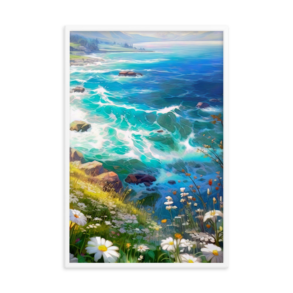 Berge, Blumen, Fluss und Steine - Malerei - Premium Poster mit Rahmen camping xxx 61 x 91.4 cm