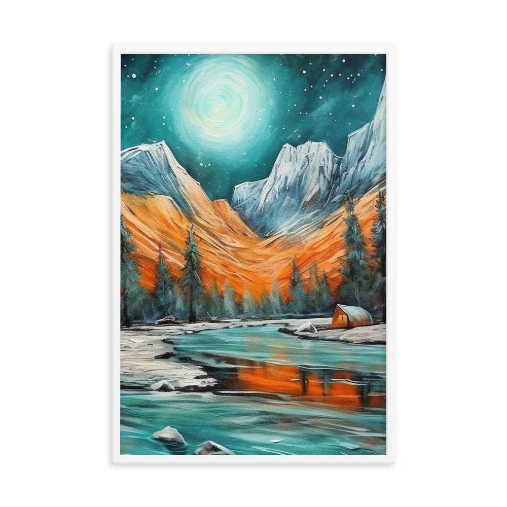 Berglandschaft und Zelte - Nachtstimmung - Landschaftsmalerei - Premium Poster mit Rahmen camping xxx 61 x 91.4 cm
