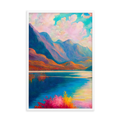 Berglandschaft und Bergsee - Farbige Ölmalerei - Premium Poster mit Rahmen berge xxx 61 x 91.4 cm
