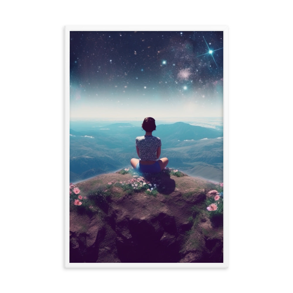 Frau sitzt auf Berg – Cosmos und Sterne im Hintergrund - Landschaftsmalerei - Premium Poster mit Rahmen berge xxx 61 x 91.4 cm