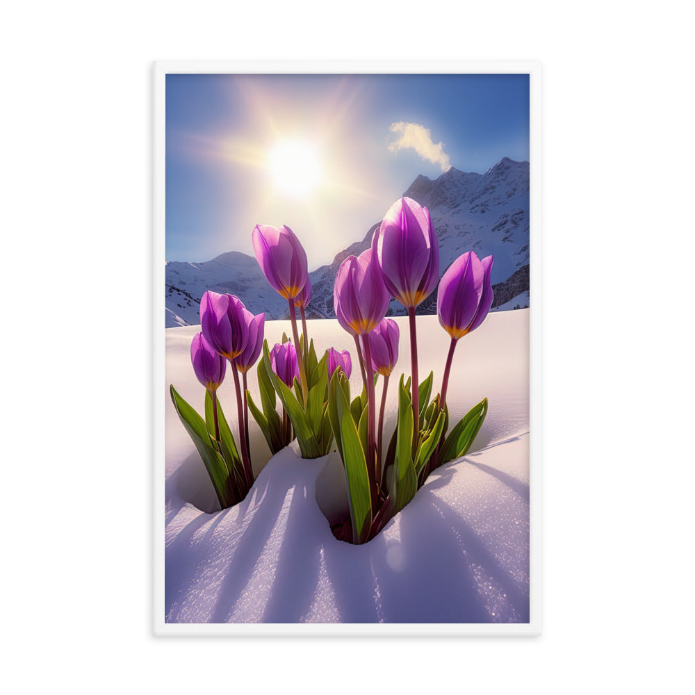 Tulpen im Schnee und in den Bergen - Blumen im Winter - Premium Poster mit Rahmen berge xxx 61 x 91.4 cm