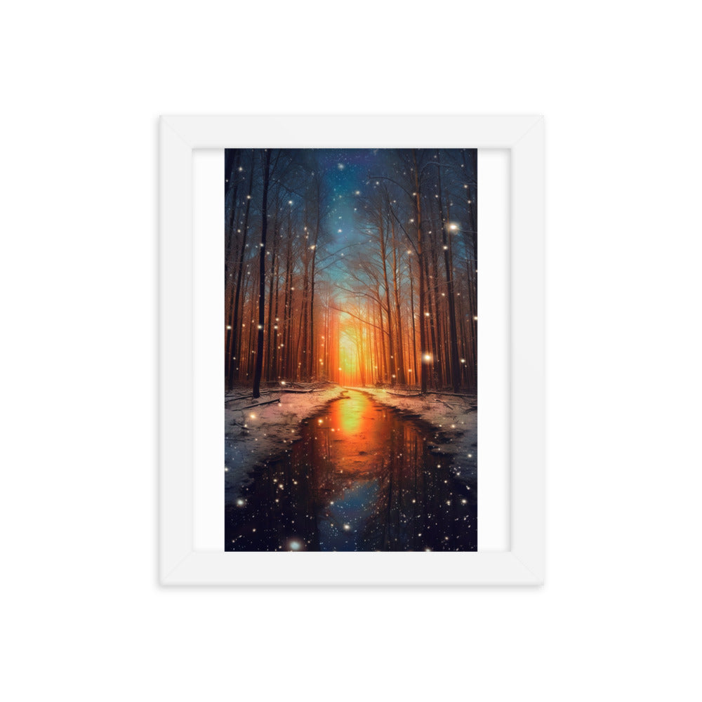 Bäume im Winter, Schnee, Sonnenaufgang und Fluss - Premium Poster mit Rahmen camping xxx Weiß 20.3 x 25.4 cm