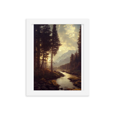 Landschaft mit Bergen, Fluss und Bäumen - Malerei - Premium Poster mit Rahmen berge xxx 20.3 x 25.4 cm