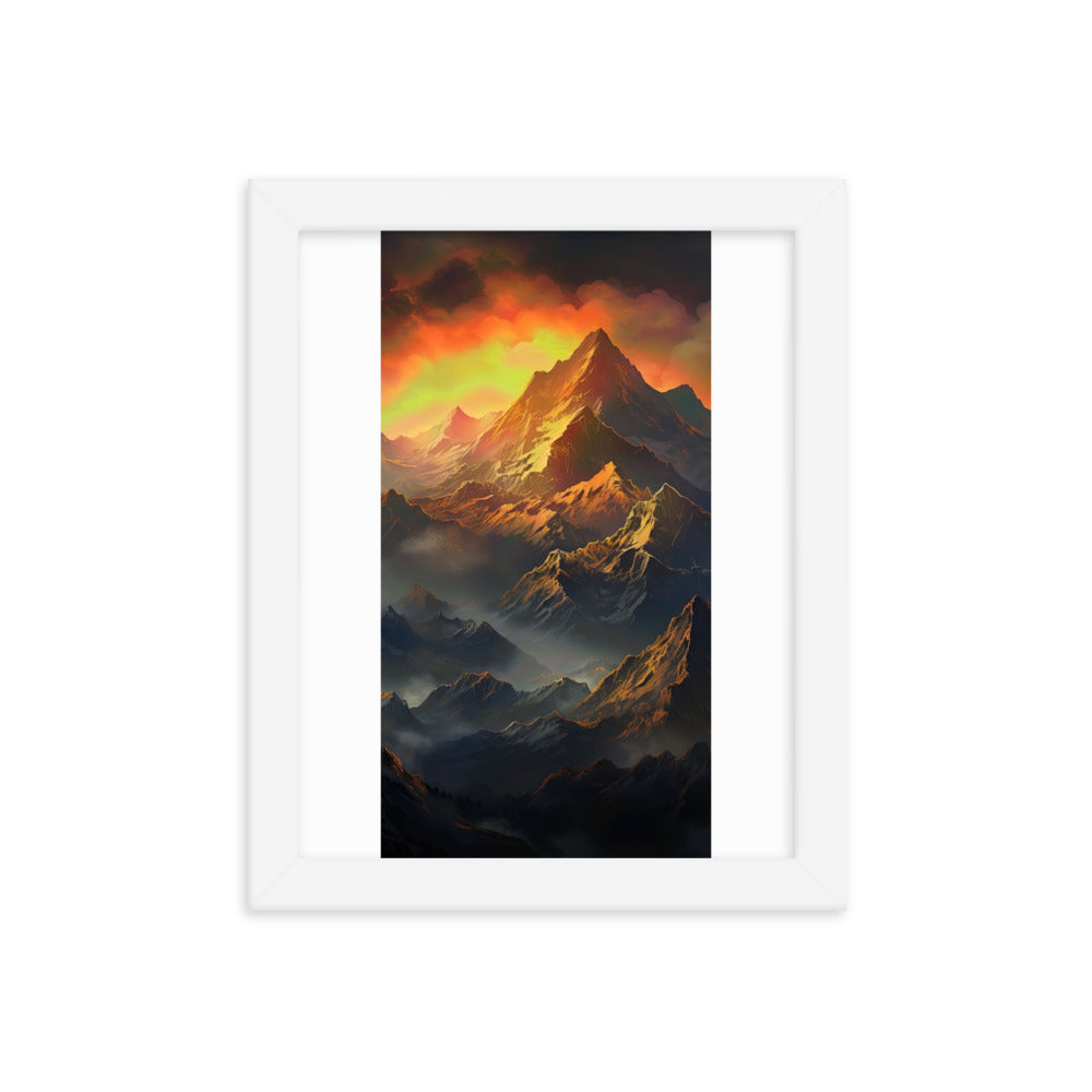 Wunderschöne Himalaya Gebirge im Nebel und Sonnenuntergang - Malerei - Premium Poster mit Rahmen berge xxx 20.3 x 25.4 cm