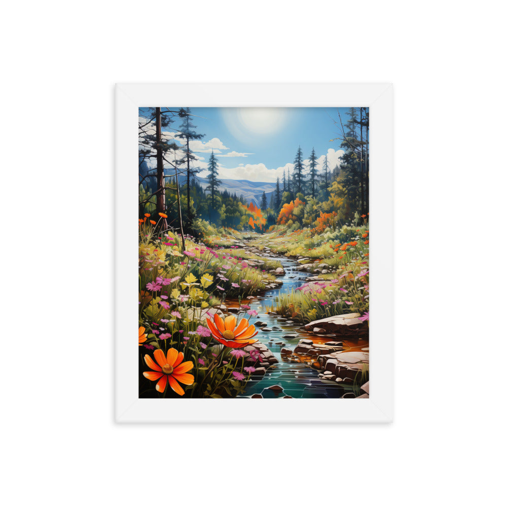 Berge, schöne Blumen und Bach im Wald - Premium Poster mit Rahmen berge xxx 20.3 x 25.4 cm