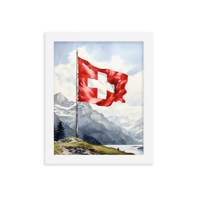 Schweizer Flagge und Berge im Hintergrund - Epische Stimmung - Malerei - Premium Poster mit Rahmen berge xxx 20.3 x 25.4 cm
