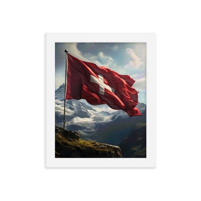 Schweizer Flagge und Berge im Hintergrund - Fotorealistische Malerei - Premium Poster mit Rahmen berge xxx 20.3 x 25.4 cm