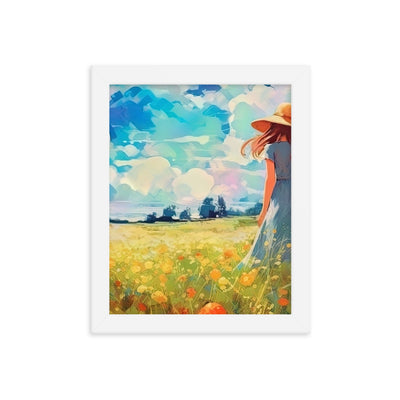 Dame mit Hut im Feld mit Blumen - Landschaftsmalerei - Premium Poster mit Rahmen camping xxx Weiß 20.3 x 25.4 cm