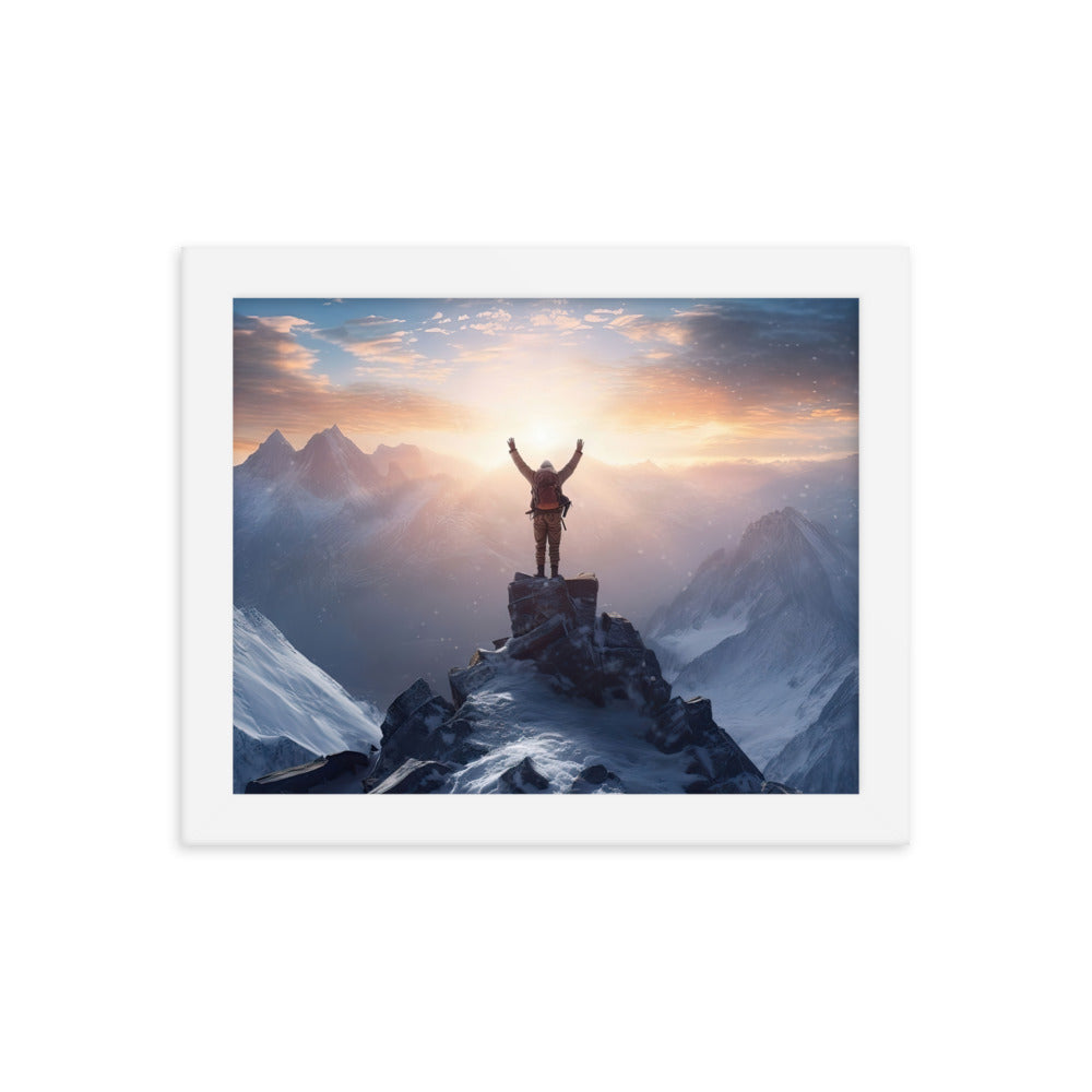 Mann auf der Spitze eines Berges - Landschaftsmalerei - Premium Poster mit Rahmen berge xxx Weiß 20.3 x 25.4 cm