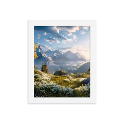 Berglandschaft mit Sonnenschein, Blumen und Bäumen - Malerei - Premium Poster mit Rahmen berge xxx 20.3 x 25.4 cm