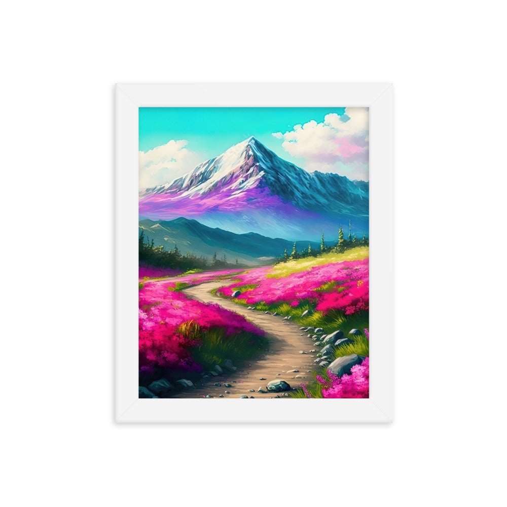 Berg, pinke Blumen und Wanderweg - Landschaftsmalerei - Premium Poster mit Rahmen berge xxx Weiß 20.3 x 25.4 cm