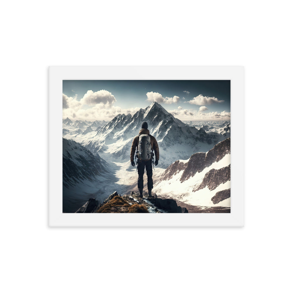 Wanderer auf Berg von hinten - Malerei - Premium Poster mit Rahmen berge xxx 20.3 x 25.4 cm