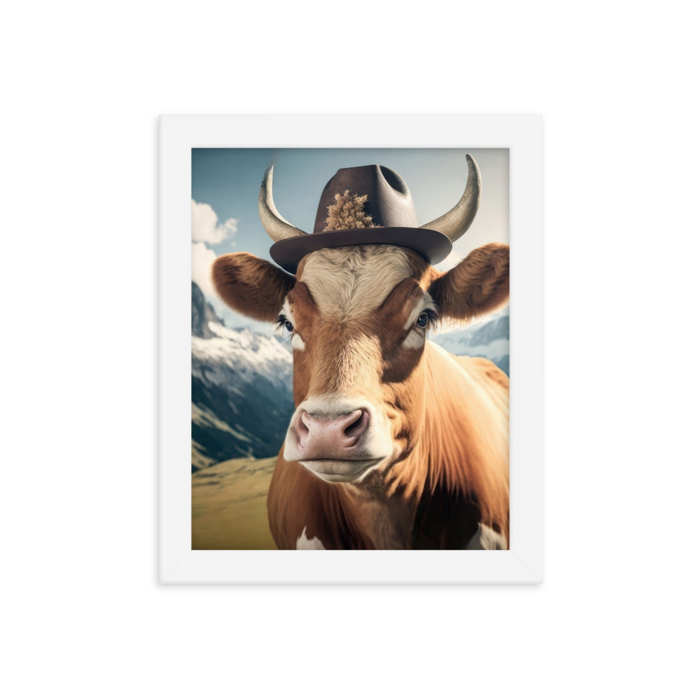 Kuh mit Hut in den Alpen - Berge im Hintergrund - Landschaftsmalerei - Premium Poster mit Rahmen berge xxx 20.3 x 25.4 cm