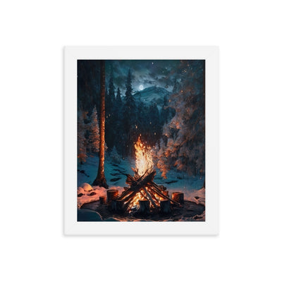 Lagerfeuer beim Camping - Wald mit Schneebedeckten Bäumen - Malerei - Premium Poster mit Rahmen camping xxx 20.3 x 25.4 cm