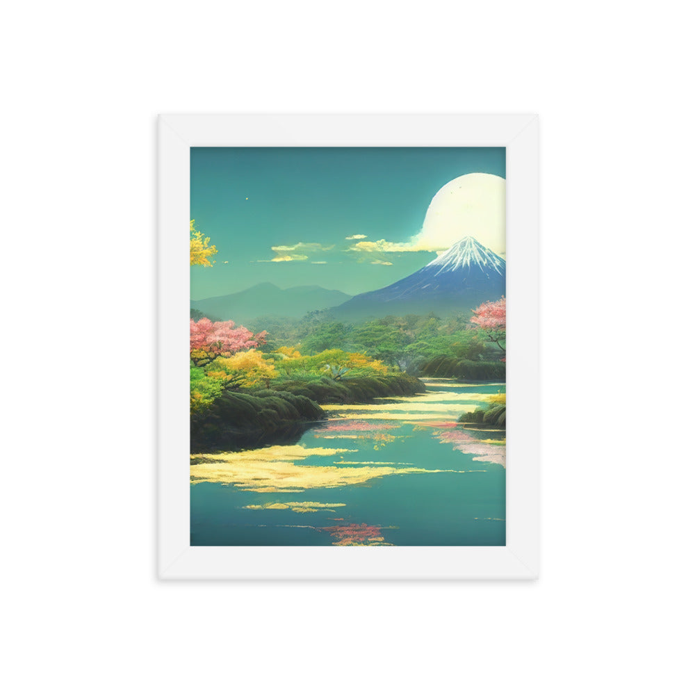 Berg, See und Wald mit pinken Bäumen - Landschaftsmalerei - Premium Poster mit Rahmen berge xxx 20.3 x 25.4 cm