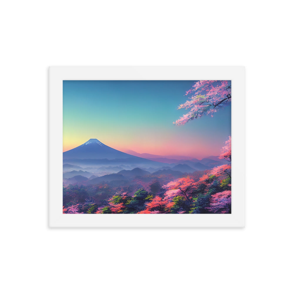 Berg und Wald mit pinken Bäumen - Landschaftsmalerei - Premium Poster mit Rahmen berge xxx 20.3 x 25.4 cm