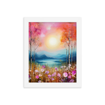 Berge, See, pinke Bäume und Blumen - Malerei - Premium Poster mit Rahmen berge xxx 20.3 x 25.4 cm