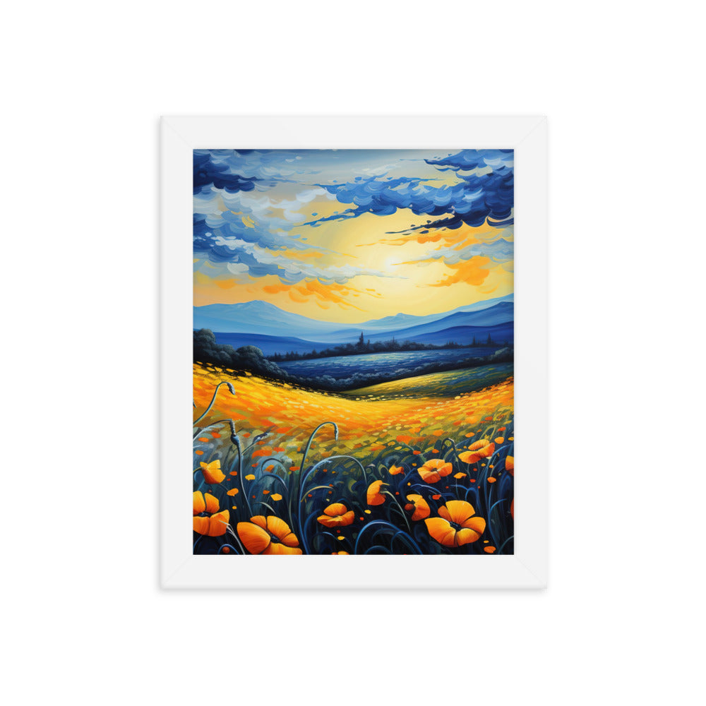Berglandschaft mit schönen gelben Blumen - Landschaftsmalerei - Premium Poster mit Rahmen berge xxx 20.3 x 25.4 cm