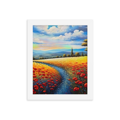 Feld mit roten Blumen und Berglandschaft - Landschaftsmalerei - Premium Poster mit Rahmen berge xxx 20.3 x 25.4 cm