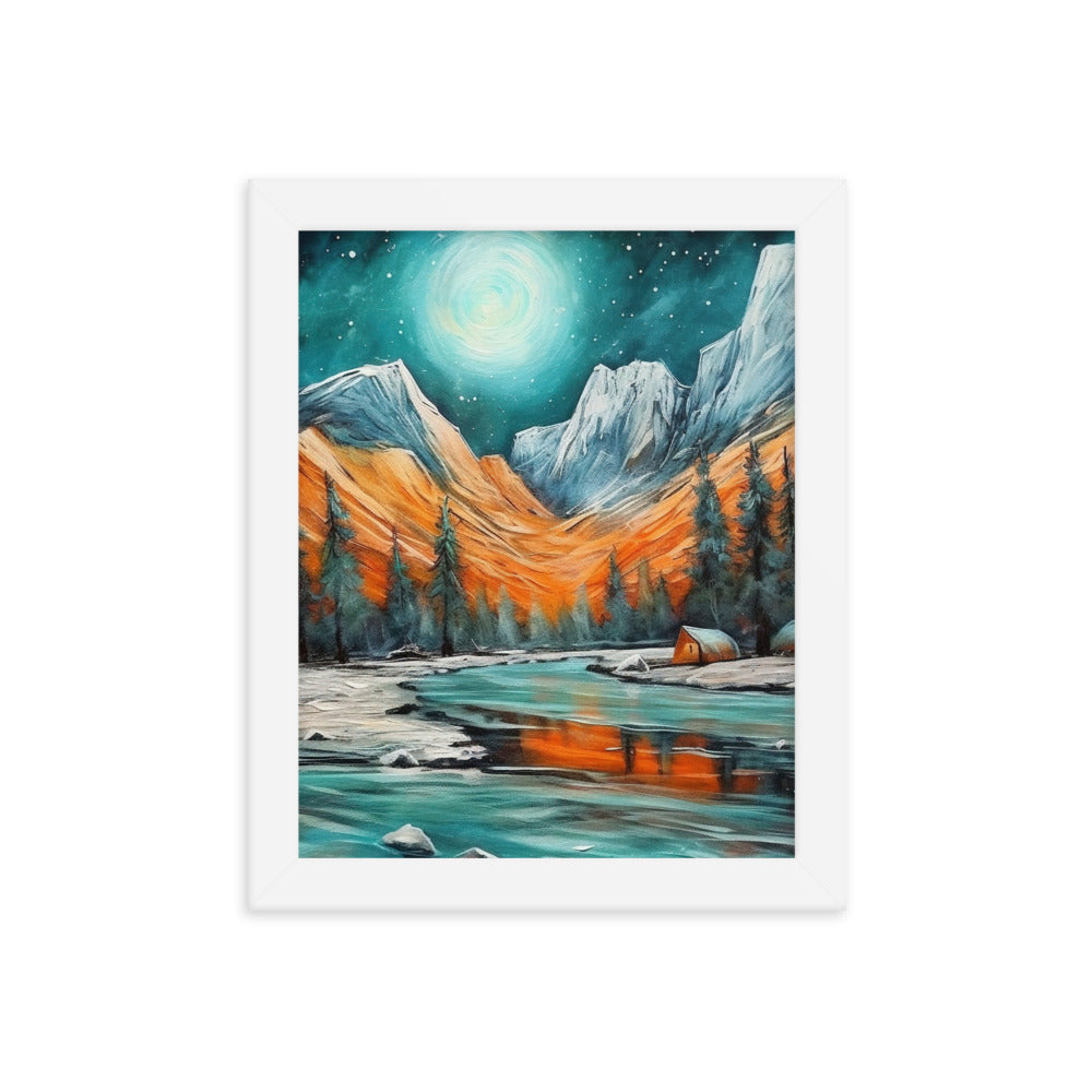 Berglandschaft und Zelte - Nachtstimmung - Landschaftsmalerei - Premium Poster mit Rahmen camping xxx 20.3 x 25.4 cm