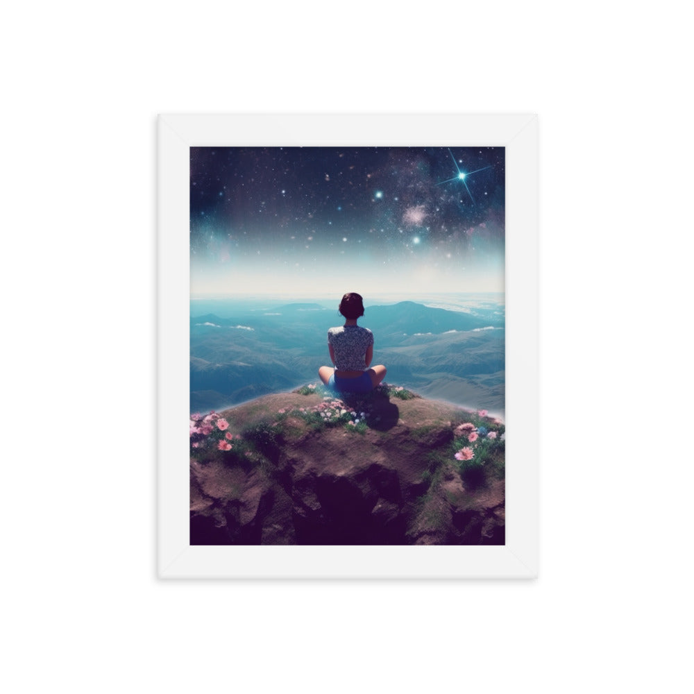 Frau sitzt auf Berg – Cosmos und Sterne im Hintergrund - Landschaftsmalerei - Premium Poster mit Rahmen berge xxx 20.3 x 25.4 cm