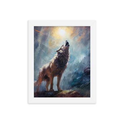 Heulender Wolf auf Berggipfel und Mond im Hintergrund – Abstrakte Malerei - Premium Poster mit Rahmen camping xxx 20.3 x 25.4 cm