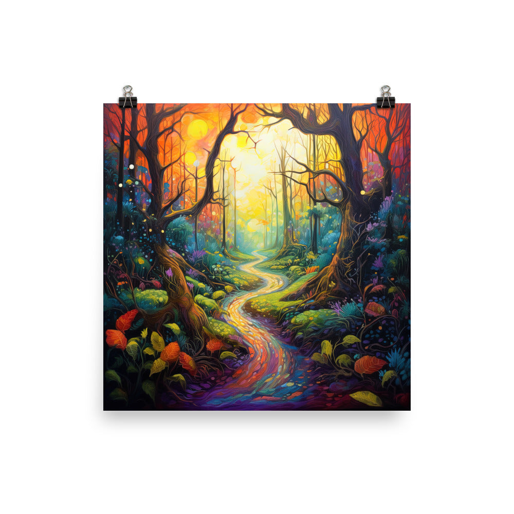 Wald und Wanderweg - Bunte, farbenfrohe Malerei - Poster camping xxx 25.4 x 25.4 cm