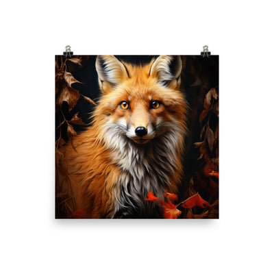 Fuchs Porträt und Herbstblätter - Malerei - Poster camping xxx 25.4 x 25.4 cm