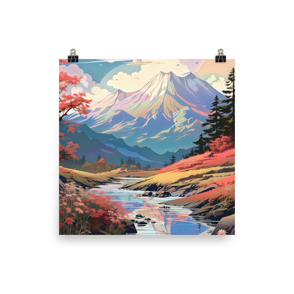 Berge. Fluss und Blumen - Malerei - Poster berge xxx 25.4 x 25.4 cm