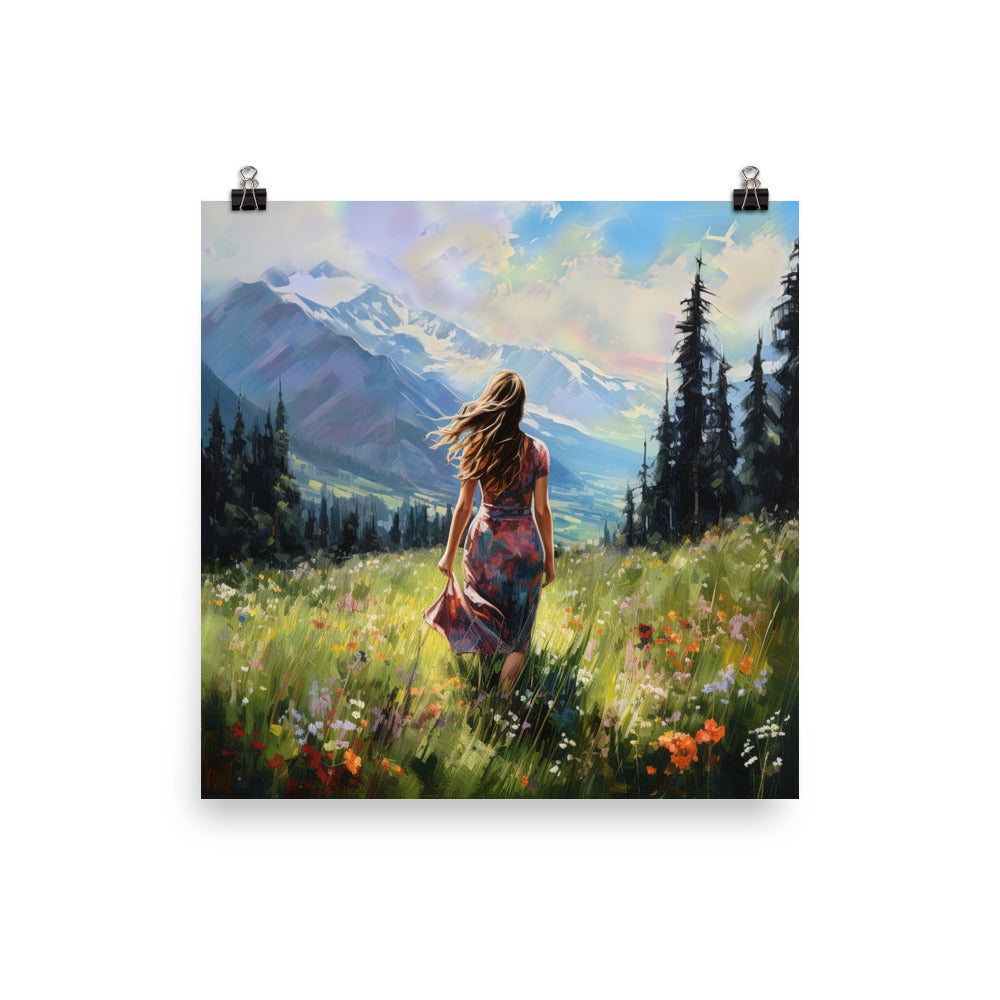 Frau mit langen Kleid im Feld mit Blumen - Berge im Hintergrund - Malerei - Poster berge xxx 25.4 x 25.4 cm