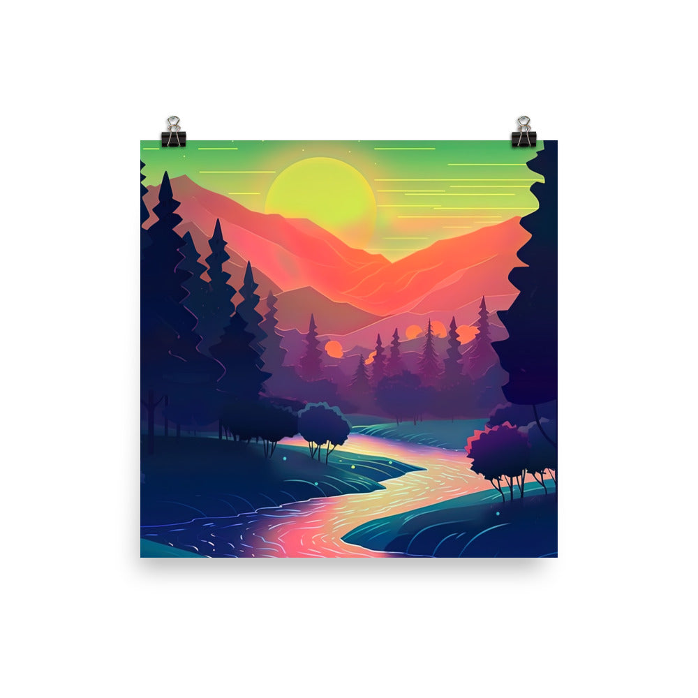 Berge, Fluss, Sonnenuntergang - Malerei - Poster berge xxx 25.4 x 25.4 cm