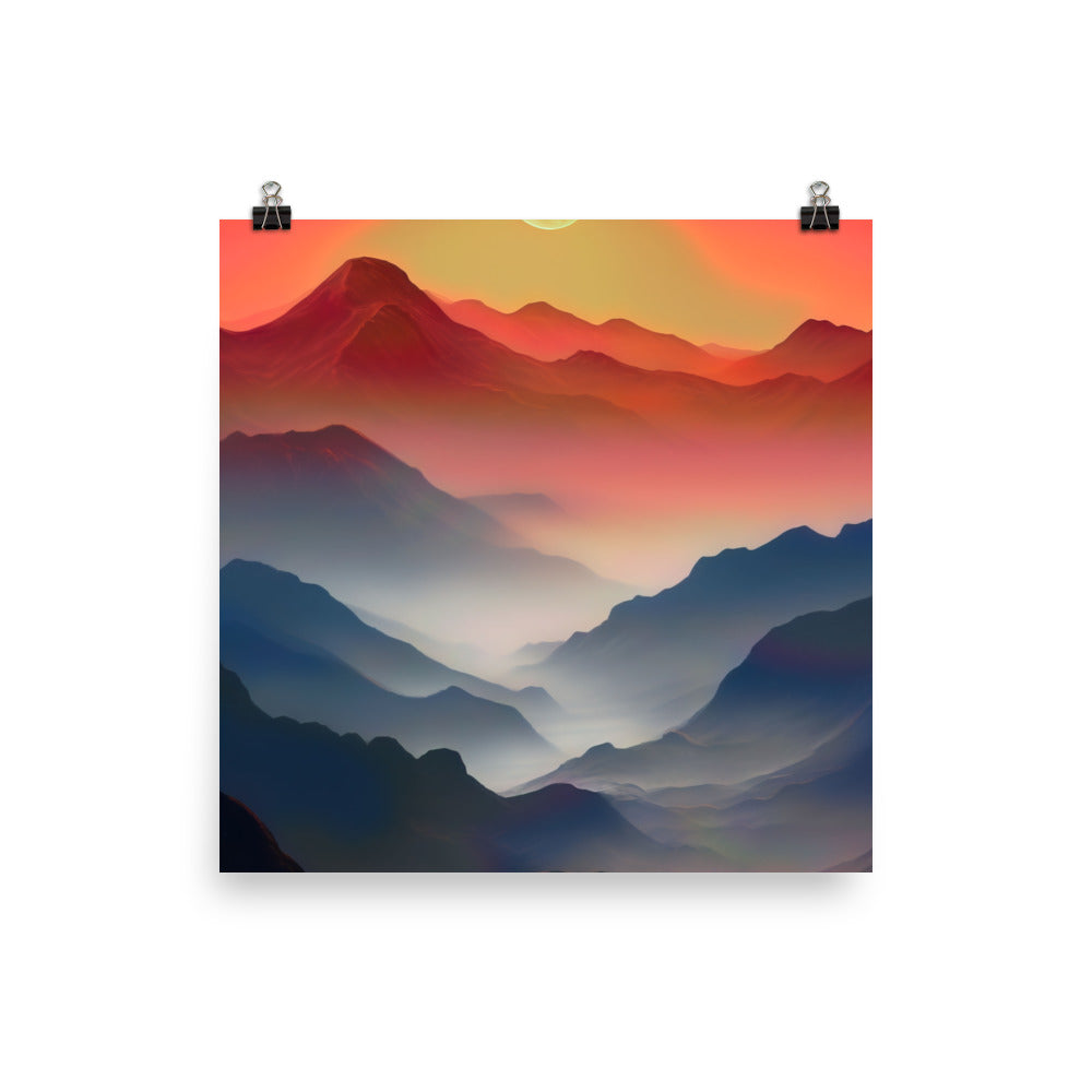 Sonnteruntergang, Gebirge und Nebel - Landschaftsmalerei - Poster berge xxx 25.4 x 25.4 cm