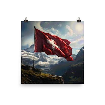 Schweizer Flagge und Berge im Hintergrund - Fotorealistische Malerei - Poster berge xxx 25.4 x 25.4 cm