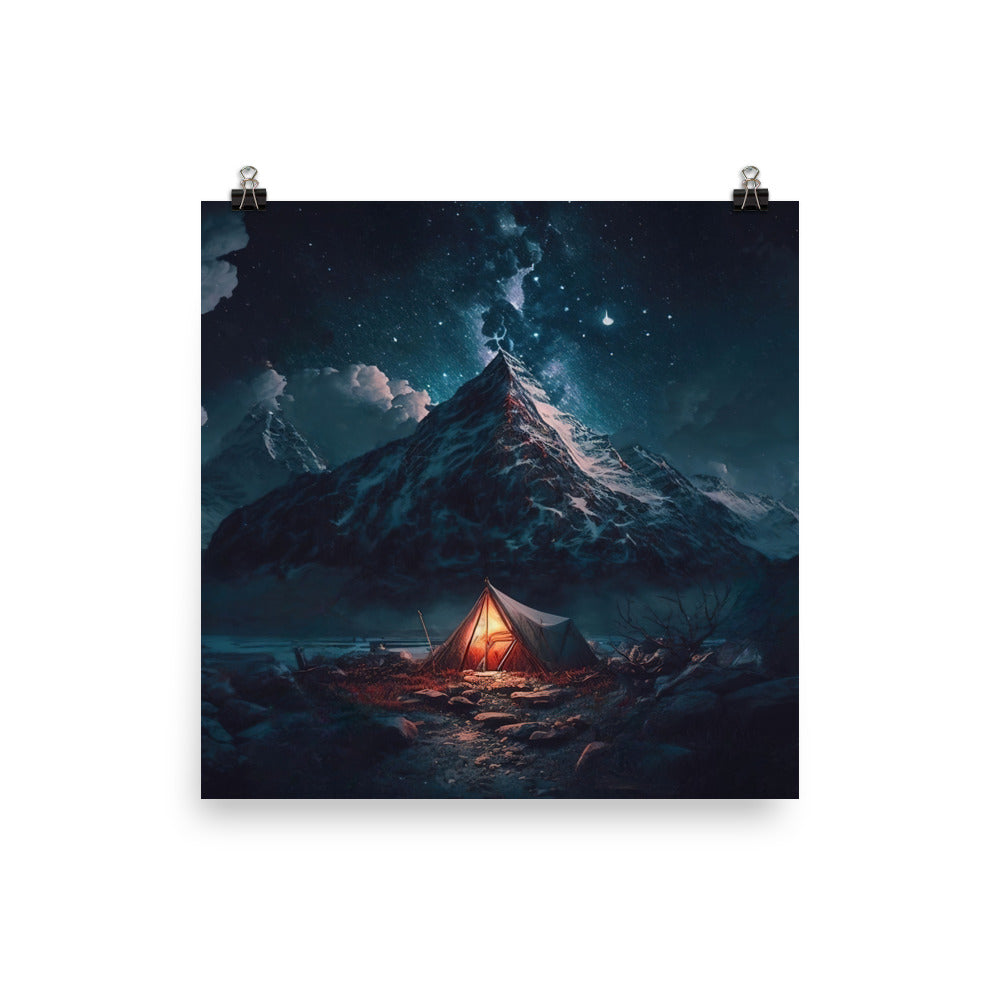 Zelt und Berg in der Nacht - Sterne am Himmel - Landschaftsmalerei - Poster camping xxx 25.4 x 25.4 cm